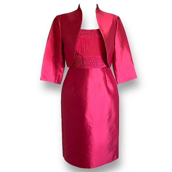 Talbots Womens Dress Set Sz 6 Red Silk Beaded Embroidered Sheath Bolero Jacket - Picture 2 of 14